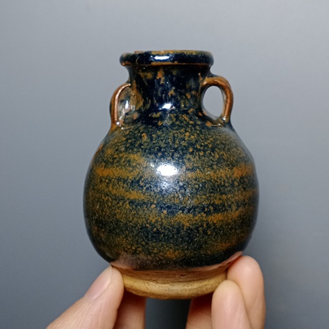 古玩陶瓷明代磁州窯窯變黑釉雙系罐拍賣，當前價格388元
