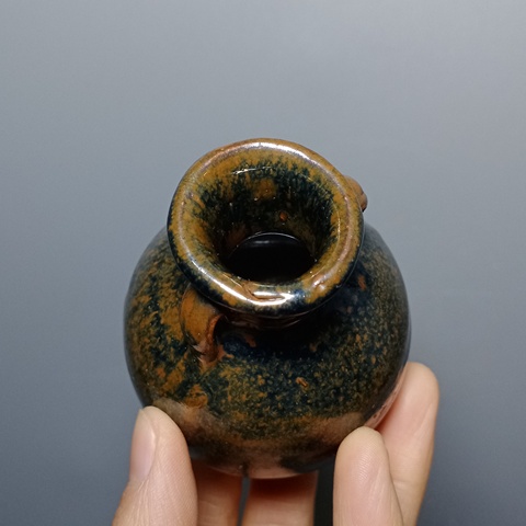 古玩陶瓷明代磁州窯窯變黑釉雙系罐拍賣，當前價格388元