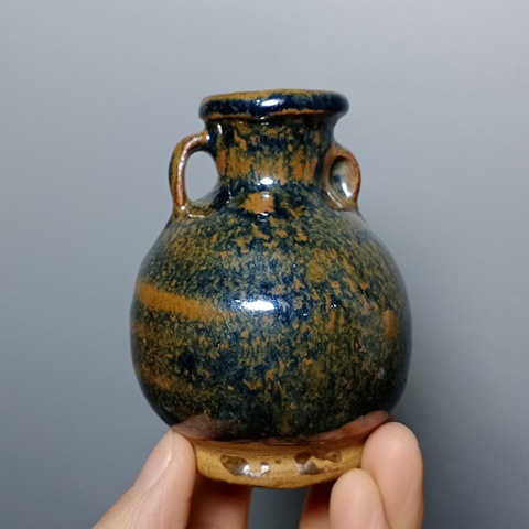 古玩陶瓷明代磁州窯窯變黑釉雙系罐拍賣，當前價格388元