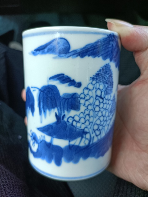 古玩陶瓷光緒青花山水人物通景筆筒拍賣,當前價格3888元