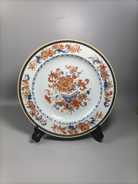 古玩陶瓷清早期藍料墨彩礬紅描金花卉紋盤拍賣，當前價格1980元