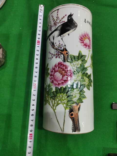 古玩陶瓷晚清淺降彩富貴牡丹帽筒拍賣，當前價格766元