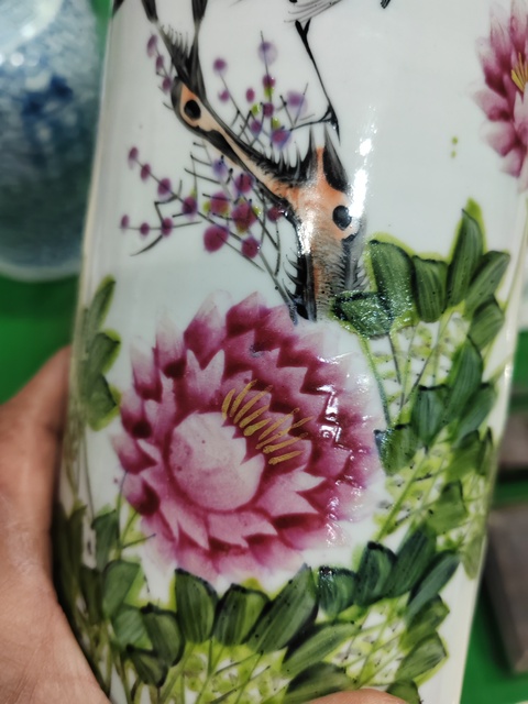 古玩陶瓷晚清淺降彩富貴牡丹帽筒拍賣，當前價格766元