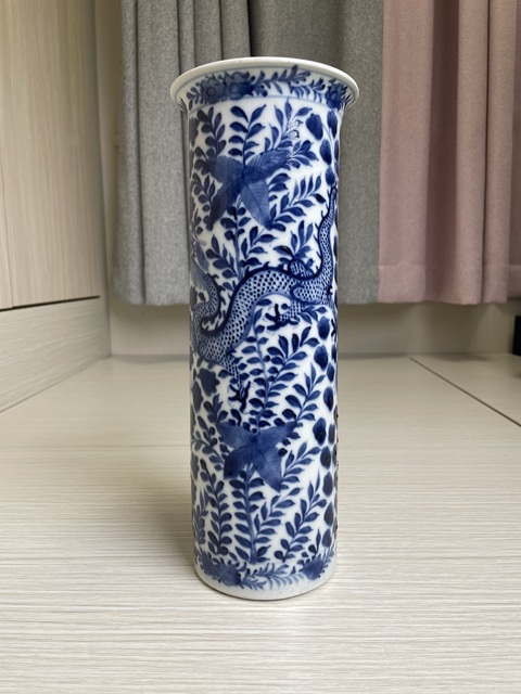 古玩陶瓷清道光 特大號(hào)青花雙龍穿花圖花觚拍賣，當(dāng)前價(jià)格4000元