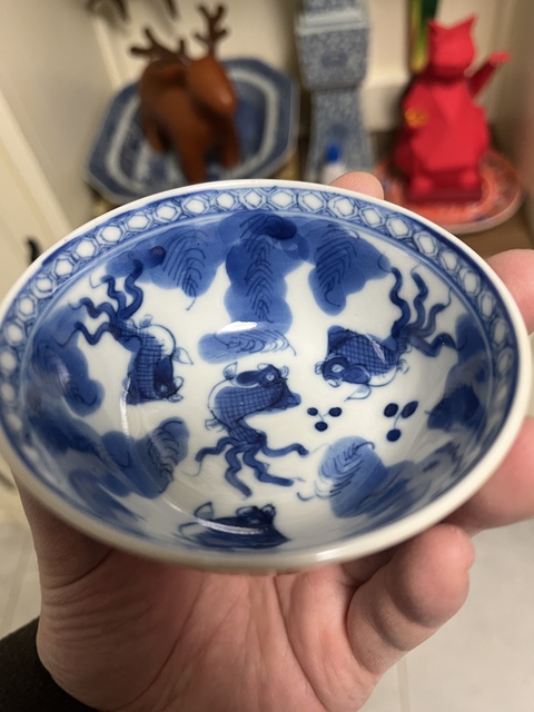 古玩陶瓷內(nèi)青花金玉滿堂外紫金釉茶碗拍賣，當前價格2500元