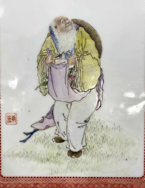 古玩陶瓷劉希任 粉彩東方朔偷桃瓷板拍賣,當前價格189000元