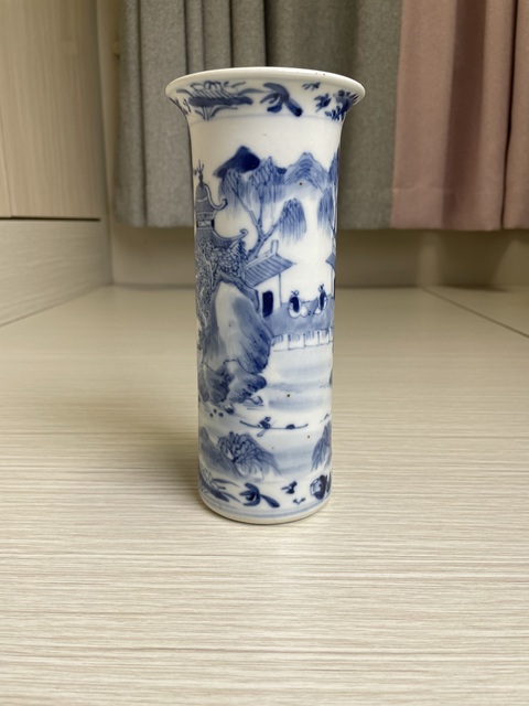 古玩陶瓷清晚·青花山水樓閣人物紋花插拍賣,當前價格3600元