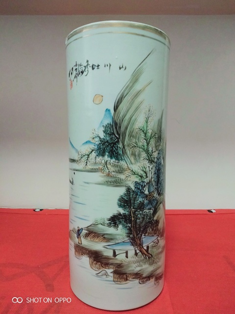 古玩陶瓷粉彩山水人物紋帽筒拍賣,當前價格1268元