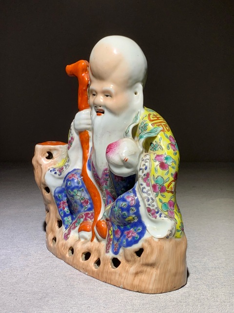 古玩陶瓷清代晚期粉彩大桃形頭壽星人物瓷塑清代壽星拍賣,當前價格2800元