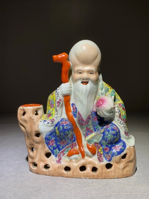 古玩陶瓷清代晚期粉彩大桃形頭壽星人物瓷塑清代壽星拍賣,當前價格2800元