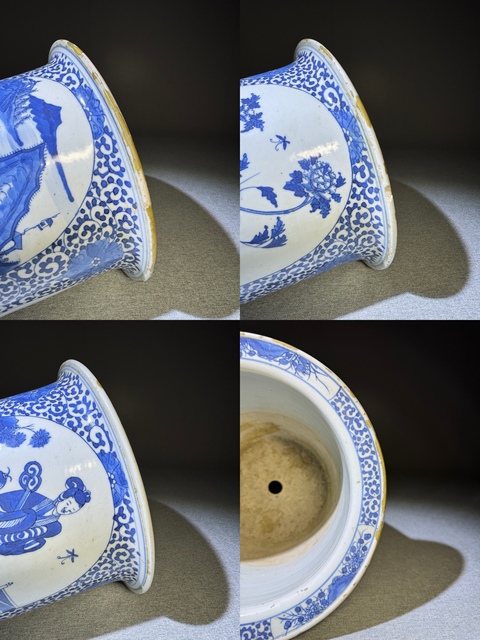 古玩陶瓷清代中晚期青花人物山水花卉紋大花盆清代花盆拍賣，當前價格8500元