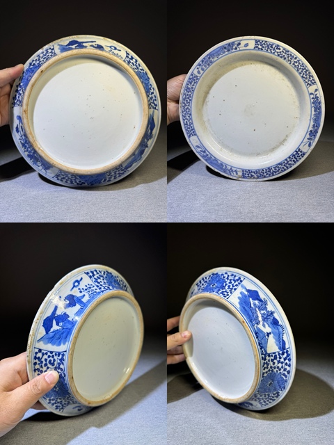 古玩陶瓷清代中晚期青花人物山水花卉紋大花盆清代花盆拍賣，當前價格8500元