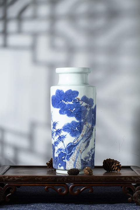 古玩陶瓷民國 青花釉里紅歲寒三友圖棒槌瓶(雍正官窯款)拍賣,當前價格25000元