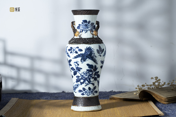 中国　清時代　哥釉青華花鳥紋大瓶　高さ45cm アンティーク　送料込み0604 域鉴古玩】·哥釉青花花鸟纹双耳瓶拍卖价格/图片/值多少钱