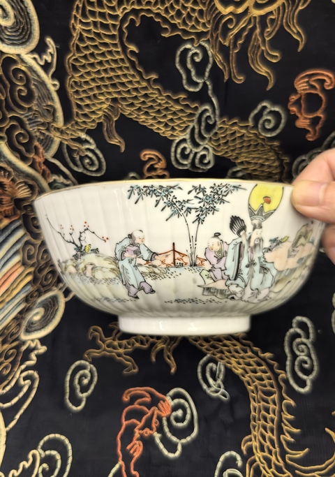 古玩陶瓷清晚期（余鴻賓）淺絳彩瓜棱大碗拍賣，當前價格9888元