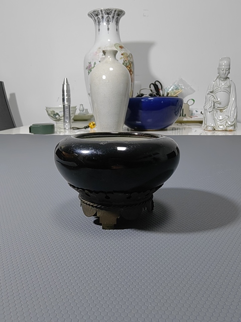 古玩陶瓷罕見帶原銅座~烏金釉文房水盂拍賣，當前價格2400元