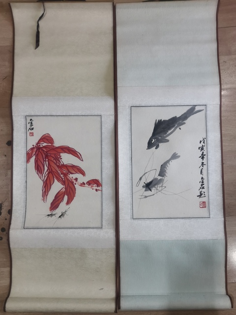 古玩字畫梁崎大師入室弟子中美協天津會員金石水族花卉草蟲條屏2幅拍賣,當前價格499元