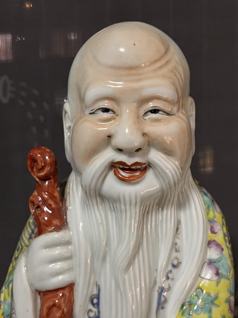 古玩陶瓷（保真卡）朱茂記造粉彩大壽星瓷塑拍賣，當前價格8888元