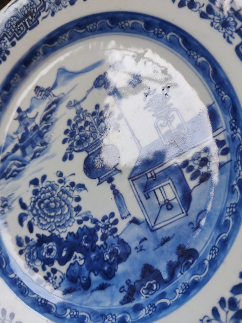 古玩陶瓷清乾隆時期青花山水樓閣八方盤拍賣，當前價格1880元