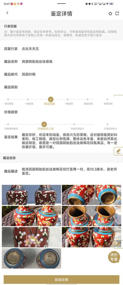 古玩陶瓷民國銅胎掐絲琺瑯瓶拍賣,當前價格1188元