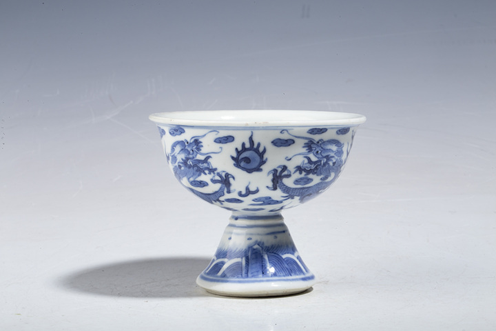 清中·青花雙龍戲珠紋高足杯（優品）拍賣，當前價格16000元