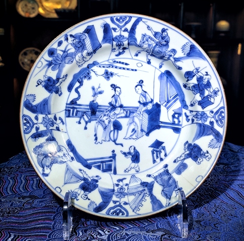 古玩陶瓷精品康熙11人物故事場景紋青花盤拍賣，當前價格9980元