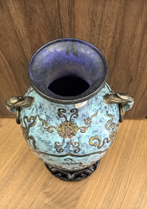 古玩陶瓷爐鈞釉仿古銅彩堆塑夔龍紋雙耳盤口瓶拍賣，當前價格19888元