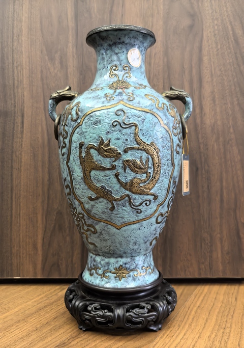 古玩陶瓷爐鈞釉仿古銅彩堆塑夔龍紋雙耳盤口瓶拍賣，當前價格19888元