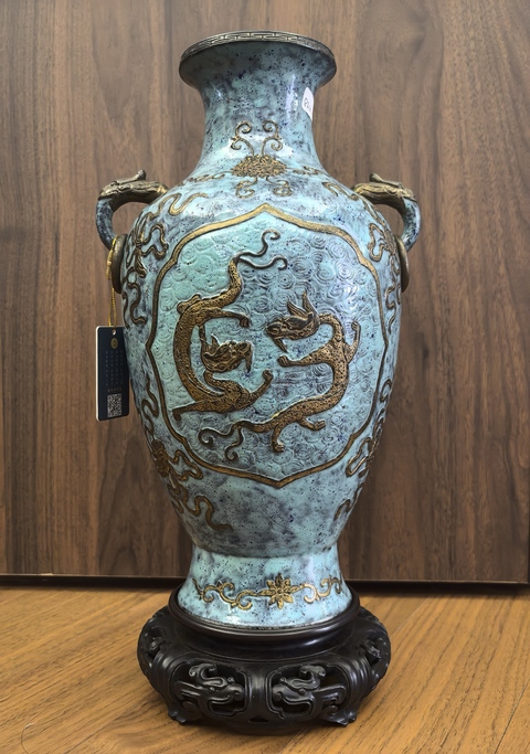古玩陶瓷爐鈞釉仿古銅彩堆塑夔龍紋雙耳盤口瓶拍賣，當前價格19888元