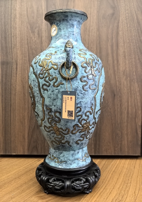 古玩陶瓷爐鈞釉仿古銅彩堆塑夔龍紋雙耳盤口瓶拍賣，當前價格19888元