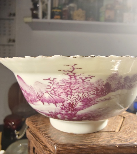 古玩陶瓷民國名家胭脂紅山水花口折沿碗拍賣，當(dāng)前價(jià)格1280元