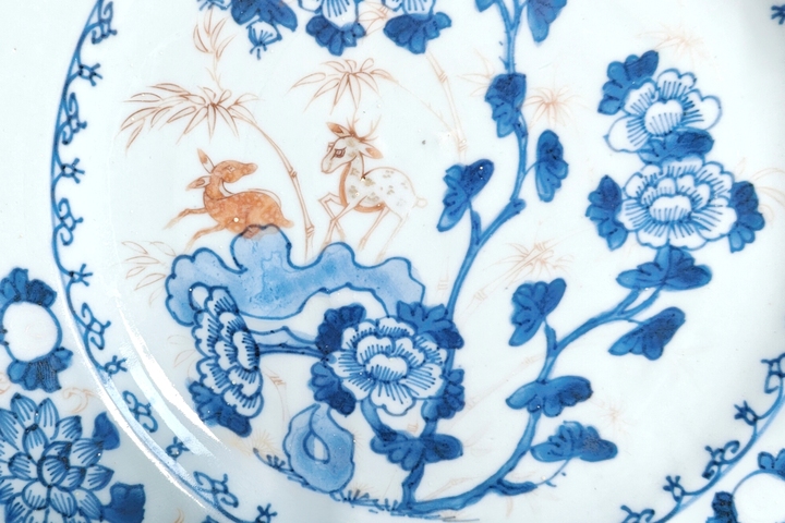古玩陶瓷清康熙·青花礬紅描金逐鹿天下紋賞盤拍賣,當前價格1880元