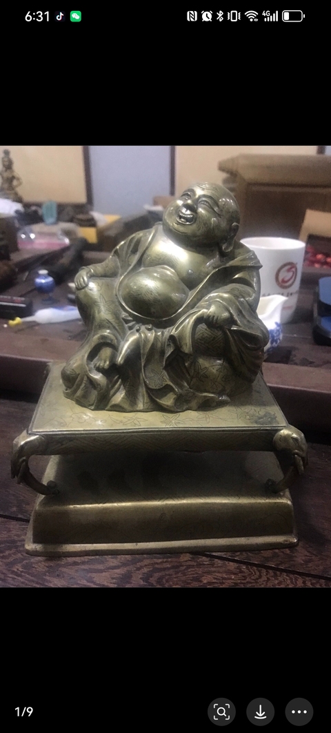 古玩銅器晚清民國嵌銀絲三拿彌勒佛造像像拍賣，當前價格5800元