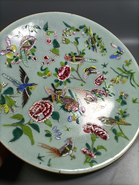古玩陶瓷大清道光年製官窯本朝款豆青釉粉彩花鳥紋大盤拍賣,當前價格1980元