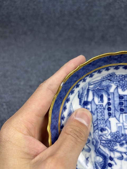 古玩陶瓷乾隆青花描金山水風景紋盤拍賣,當前價格888元