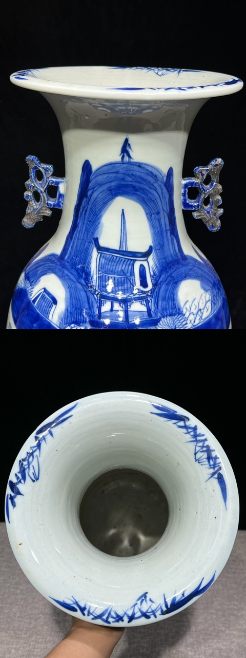 古玩陶瓷清代山水紋青釉雙松葉耳撇口瓶拍賣，當(dāng)前價格8500元