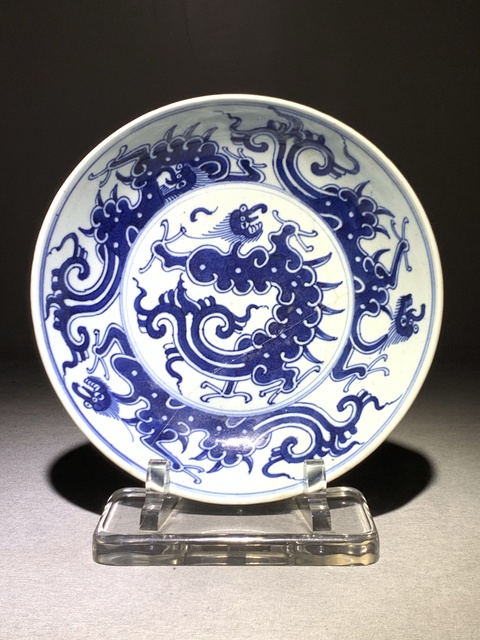 古玩陶瓷（虧出，不議價）清早期摩羯龍紋青花盤拍賣，當前價格1200元