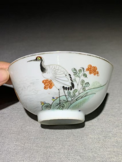 古玩陶瓷（虧出，不議價）民國油粉彩丹鶴朝陽圖茶碗拍賣，當前價格1500元