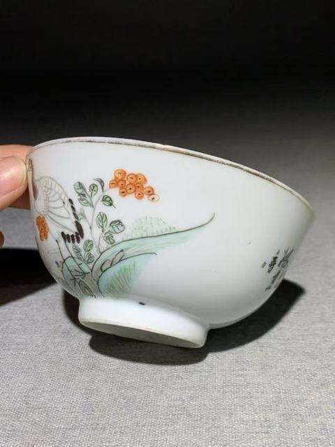 古玩陶瓷（虧出，不議價）民國油粉彩丹鶴朝陽圖茶碗拍賣，當前價格1500元