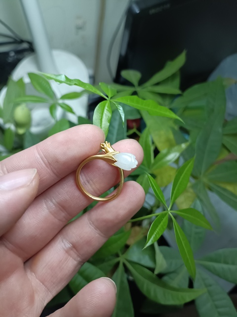 古玩玉器古法和田玉蘭花鑲嵌戒指拍賣,當前價格650元