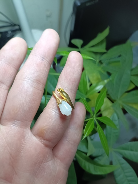 古玩玉器古法和田玉蘭花鑲嵌戒指拍賣,當前價格650元