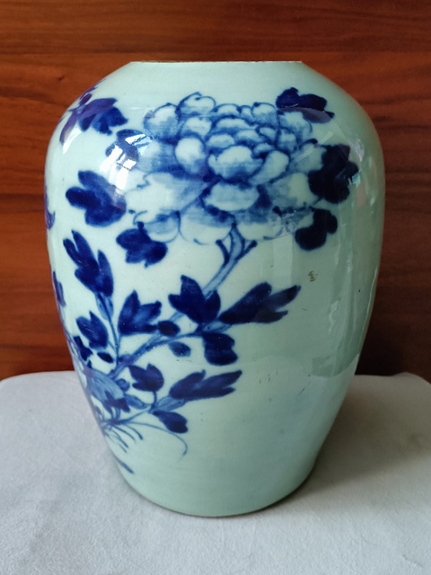 古玩陶瓷豆青釉青花鳳凰牡丹花紋冬瓜罐拍賣，當前價格890元