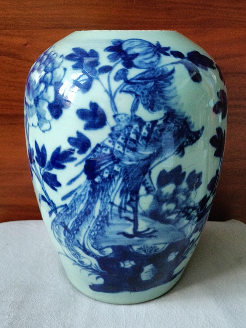 古玩陶瓷豆青釉青花鳳凰牡丹花紋冬瓜罐拍賣，當前價格890元