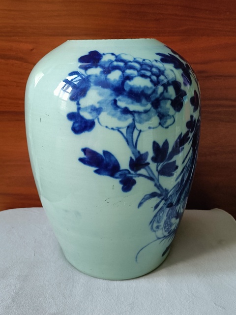 古玩陶瓷豆青釉青花鳳凰牡丹花紋冬瓜罐拍賣，當前價格890元