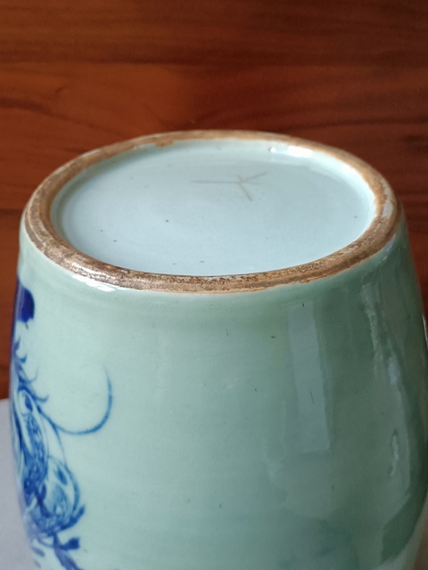 古玩陶瓷豆青釉青花鳳凰牡丹花紋冬瓜罐拍賣，當前價格890元