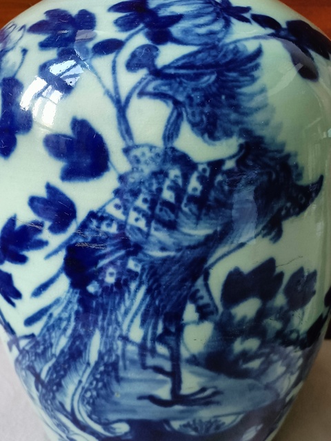 古玩陶瓷豆青釉青花鳳凰牡丹花紋冬瓜罐拍賣，當前價格890元