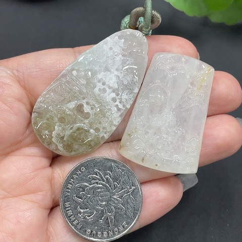 古玩玉器195情侶??裝天然翡翠掛件兩件一手走拍賣,當(dāng)前價(jià)格520元