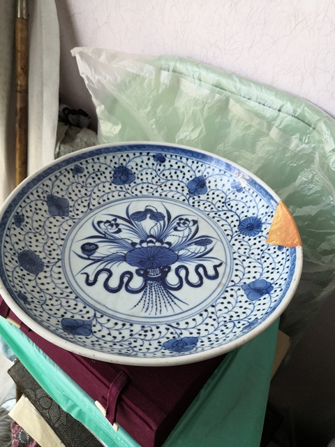 古玩陶瓷雍乾青花一把蓮紋盤拍賣,當前價格3000元
