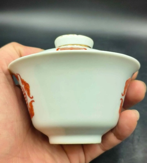 古玩陶瓷民國(guó)五福同壽礬紅蓋杯拍賣，當(dāng)前價(jià)格2500元