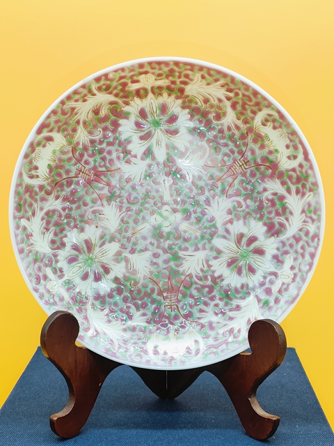 古玩陶瓷民國,胭脂紅福壽寶相花紋料彩盤拍賣,當前價格699元